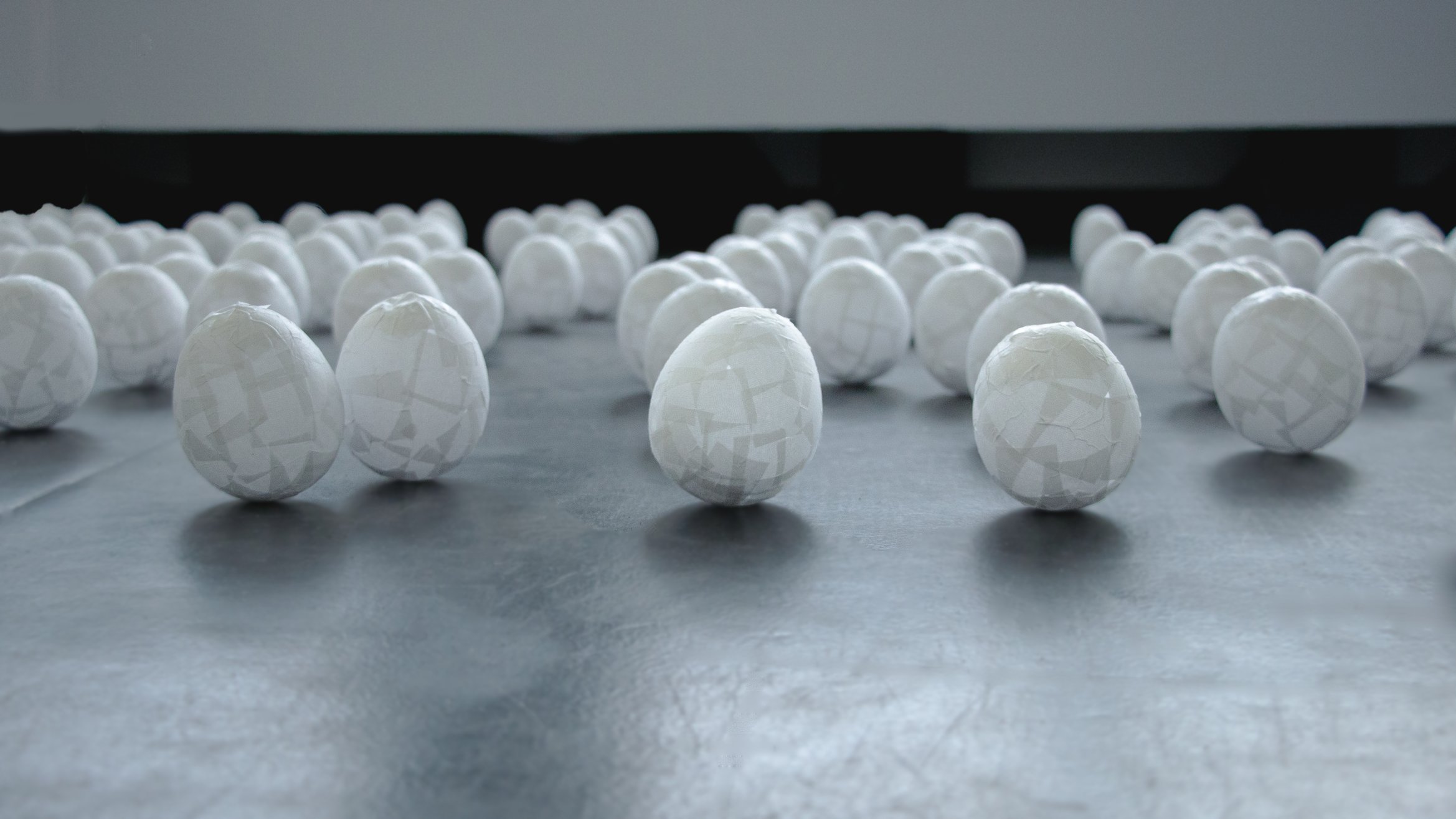 卵が地面に置かれた写真。卵が揺らいでいる。